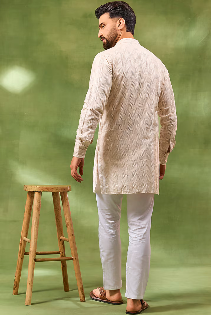 Beige Geometric Embroidered Kurta Set