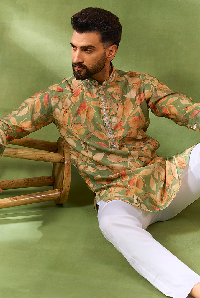 Green Botanical Print Kurta Set