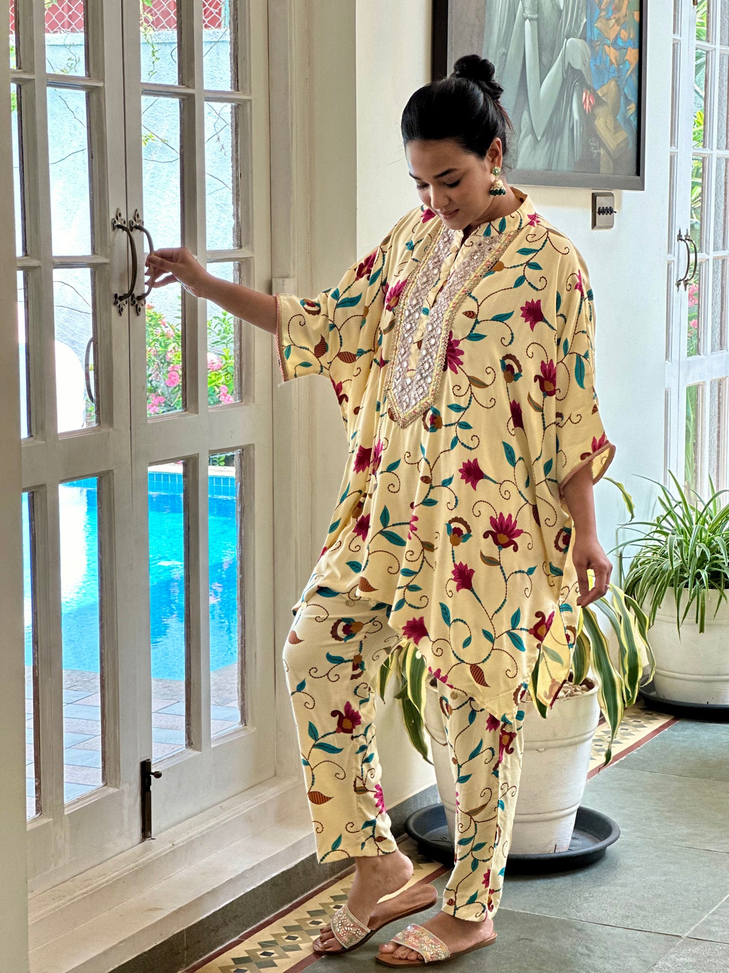 Cream Floral Kaftan Tunic & Pant Set