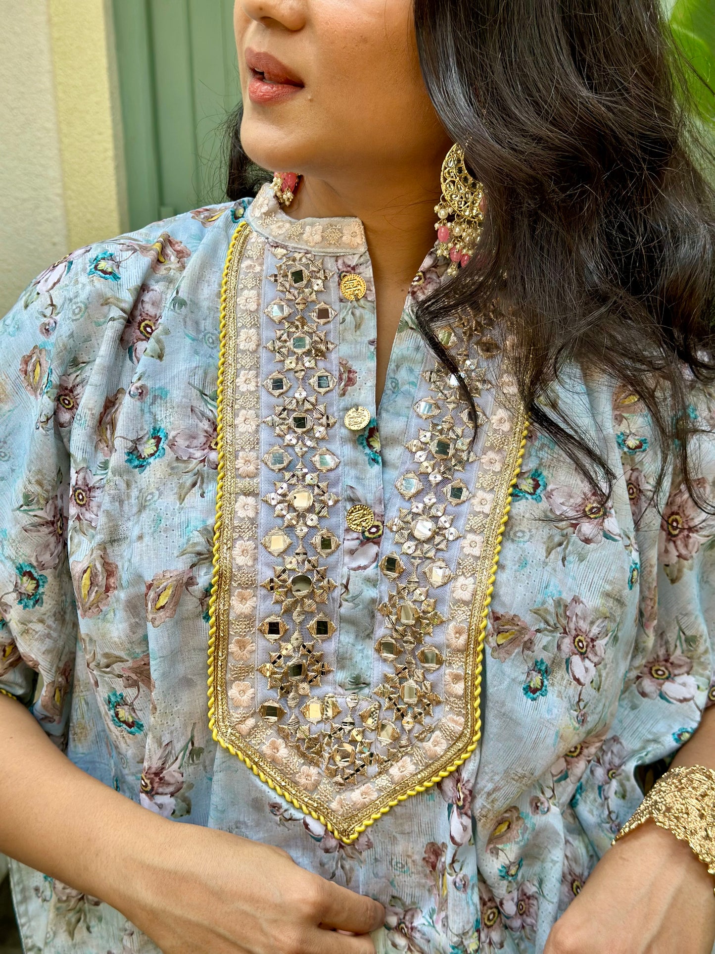 Blue Floral Kaftan Tunic & Pant Set