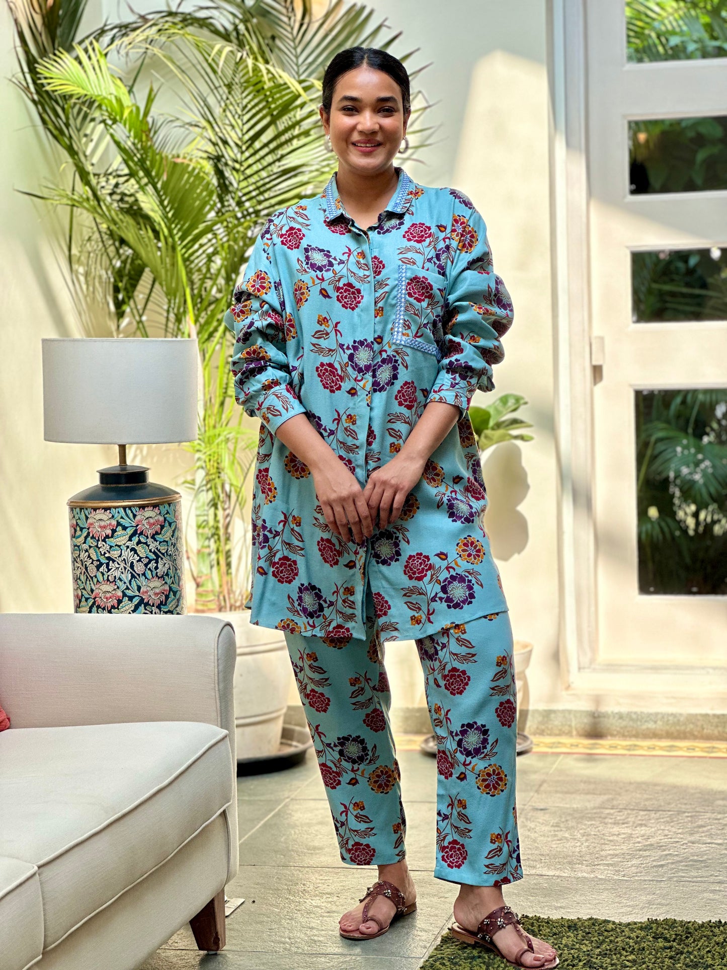 Blue Floral Shirt Set