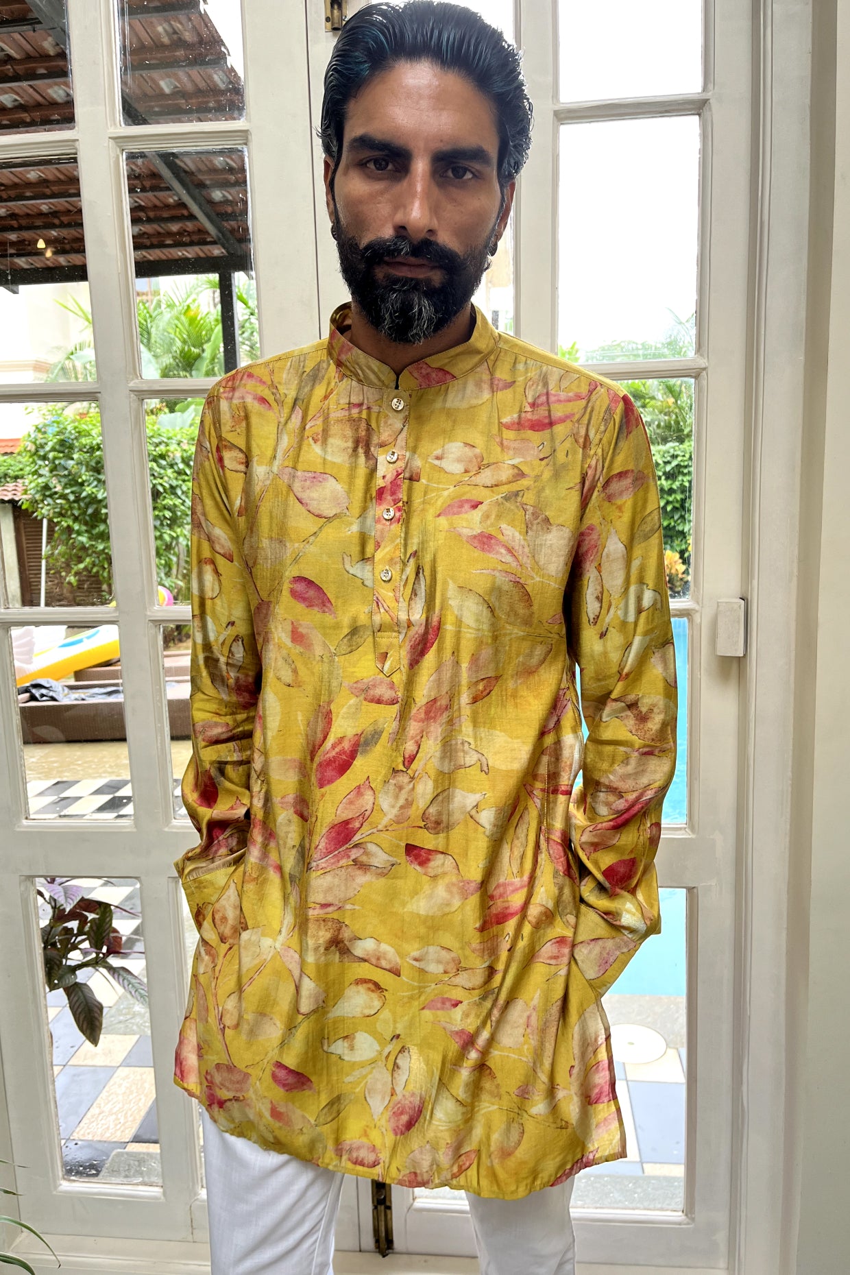Yellow Printed Blended Silk Kurta Set