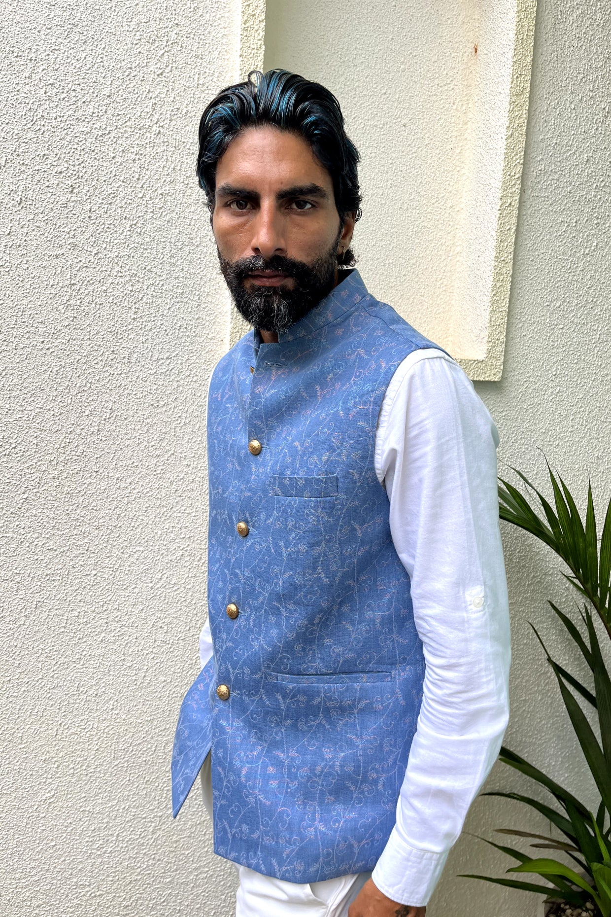 Denim Shimmer Nehru Jacket - Spring Break