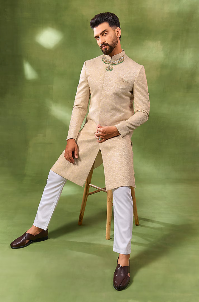 Cream Jacquard Embroidered Sherwani Set