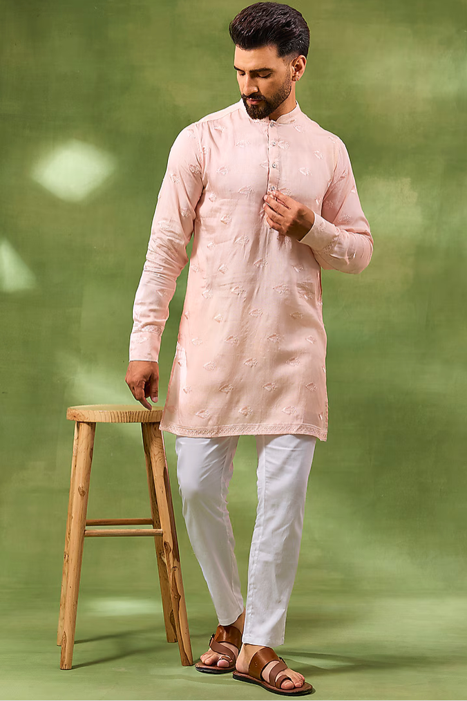 Pale Pink Border Embroidered Kurta Set