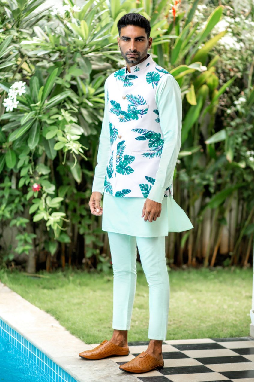 Tropical Print Bundi Jacket Kurta Set - Spring Break