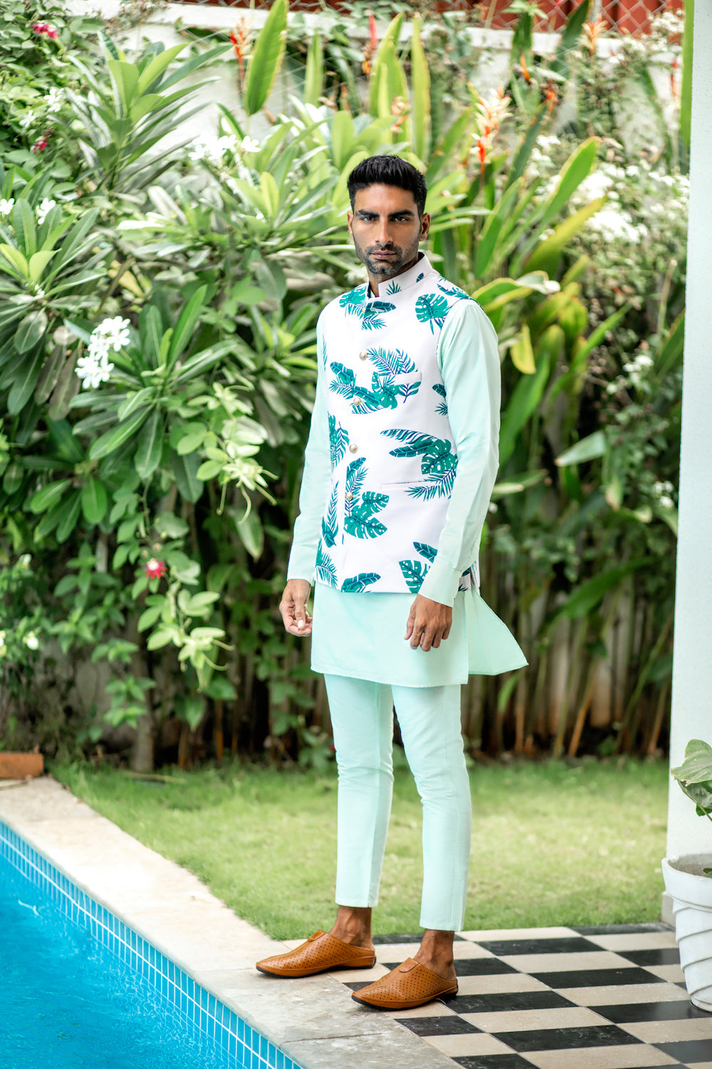 Tropical Print Bundi Jacket Kurta Set - Spring Break