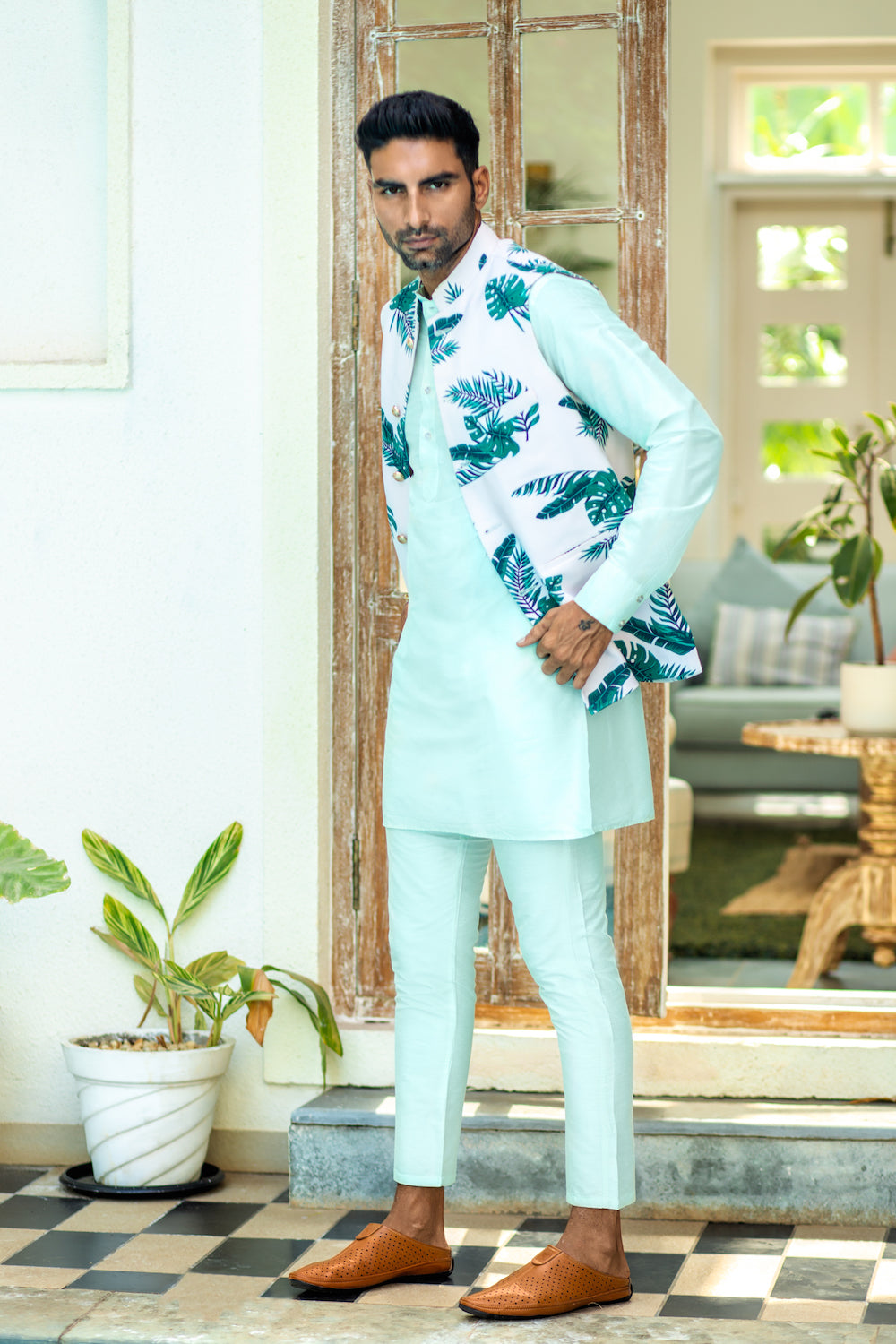 Tropical Print Bundi Jacket Kurta Set - Spring Break