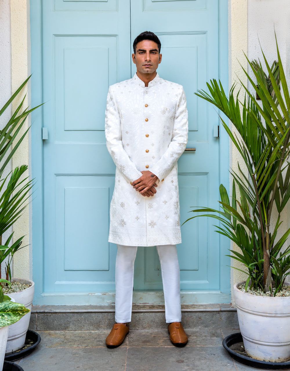 White Lucknowi Embroidered Sherwani Set - Spring Break