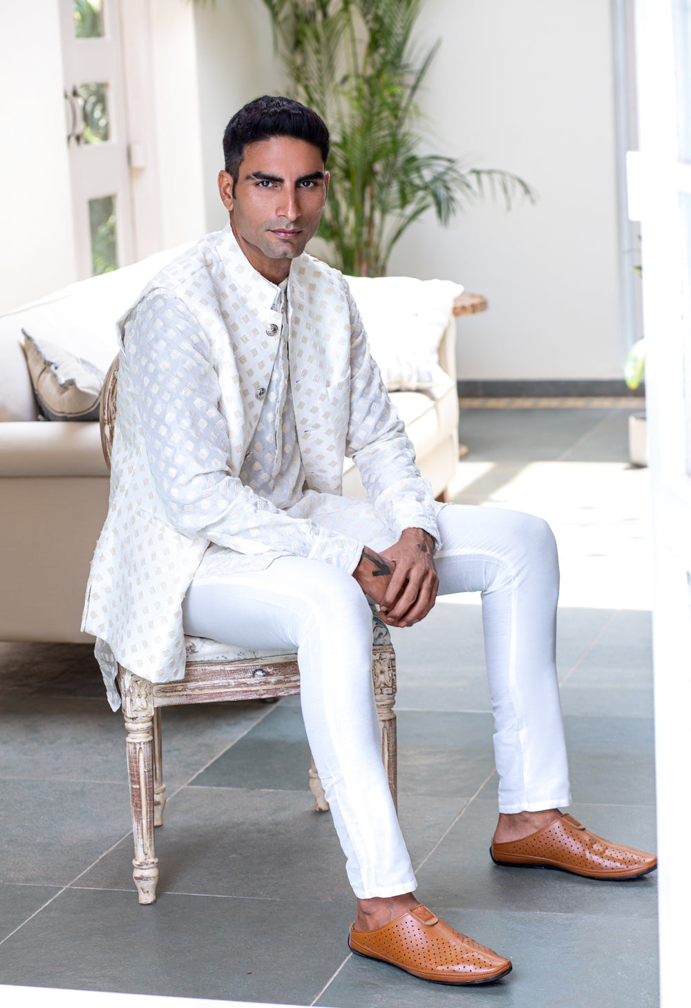 White Embroidered Bundi Jacket Kurta Set - Spring Break