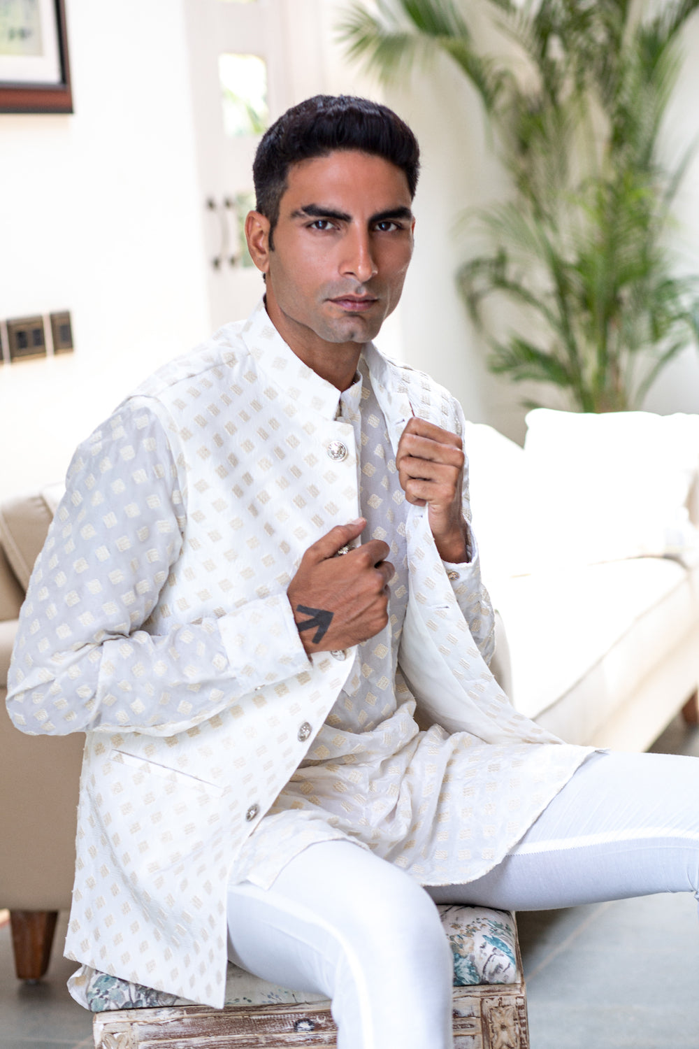 White Embroidered Bundi Jacket Kurta Set - Spring Break