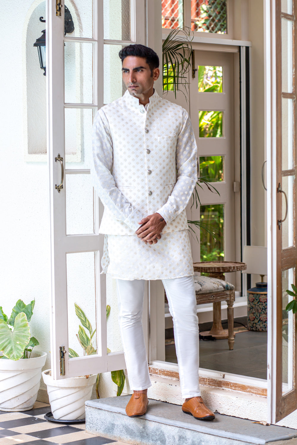 White Embroidered Bundi Jacket Kurta Set - Spring Break
