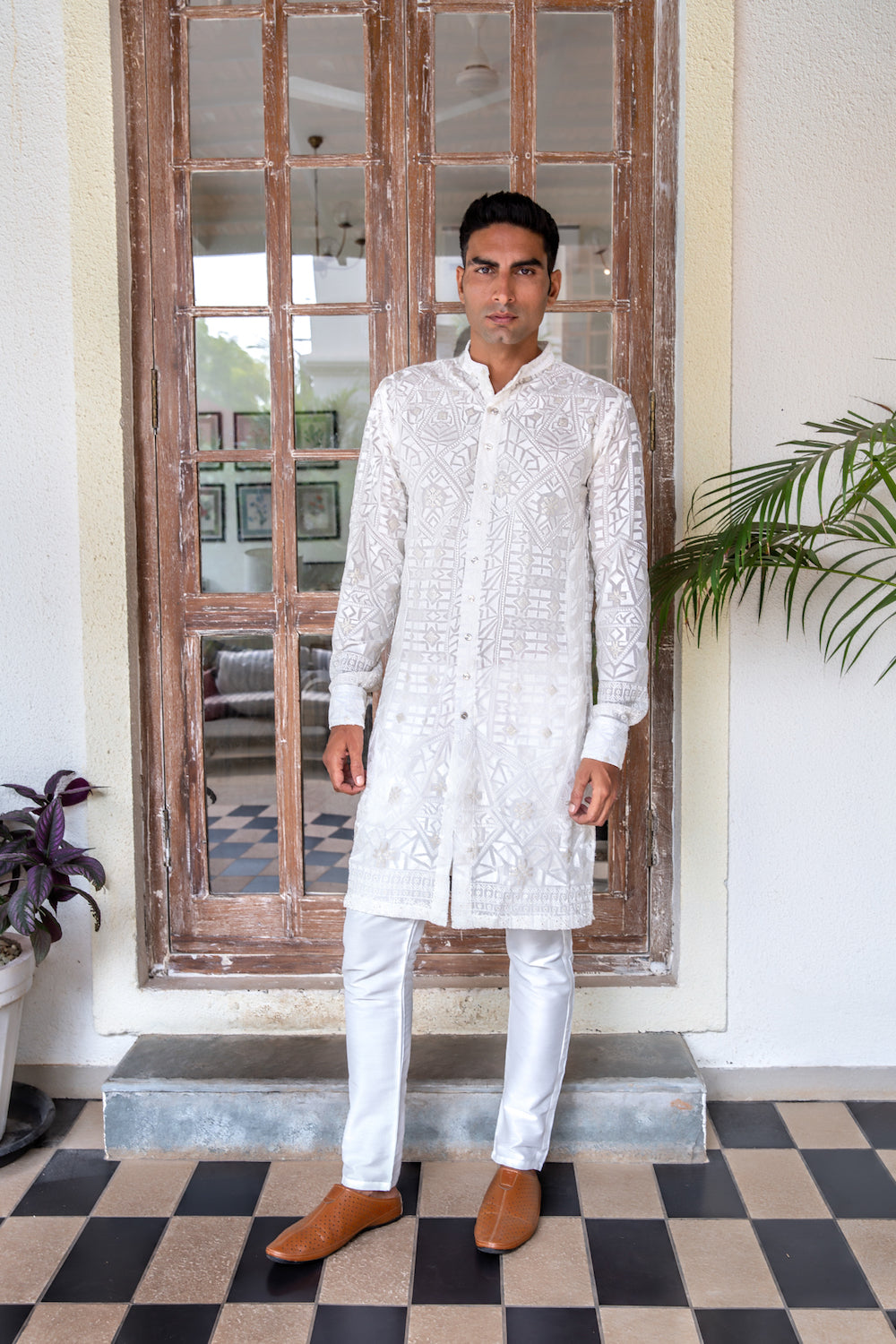 White Lucknowi Shirt Kurta Set - Main Image