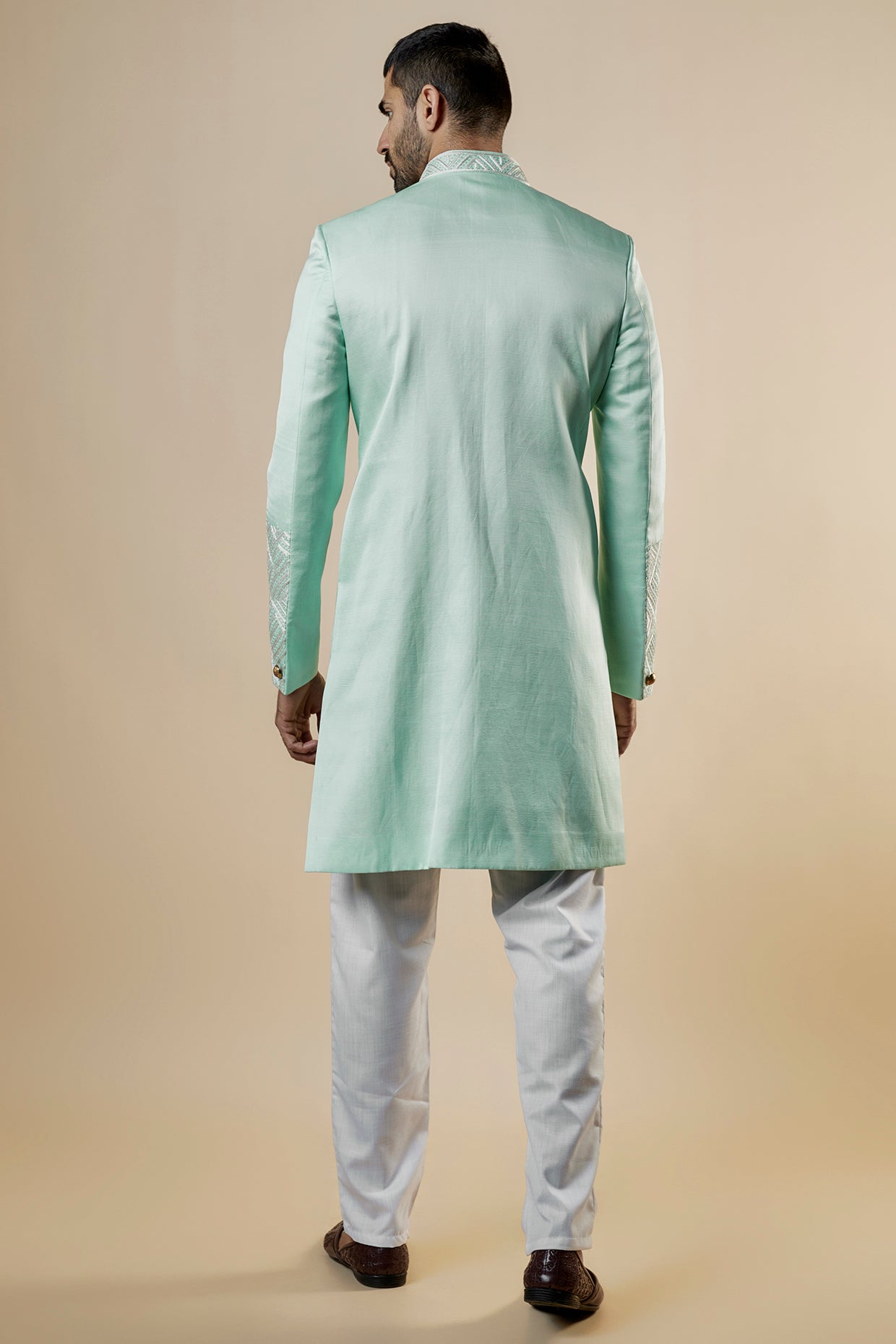 Mint Green Linen Satin Embroidered Sherwani Set