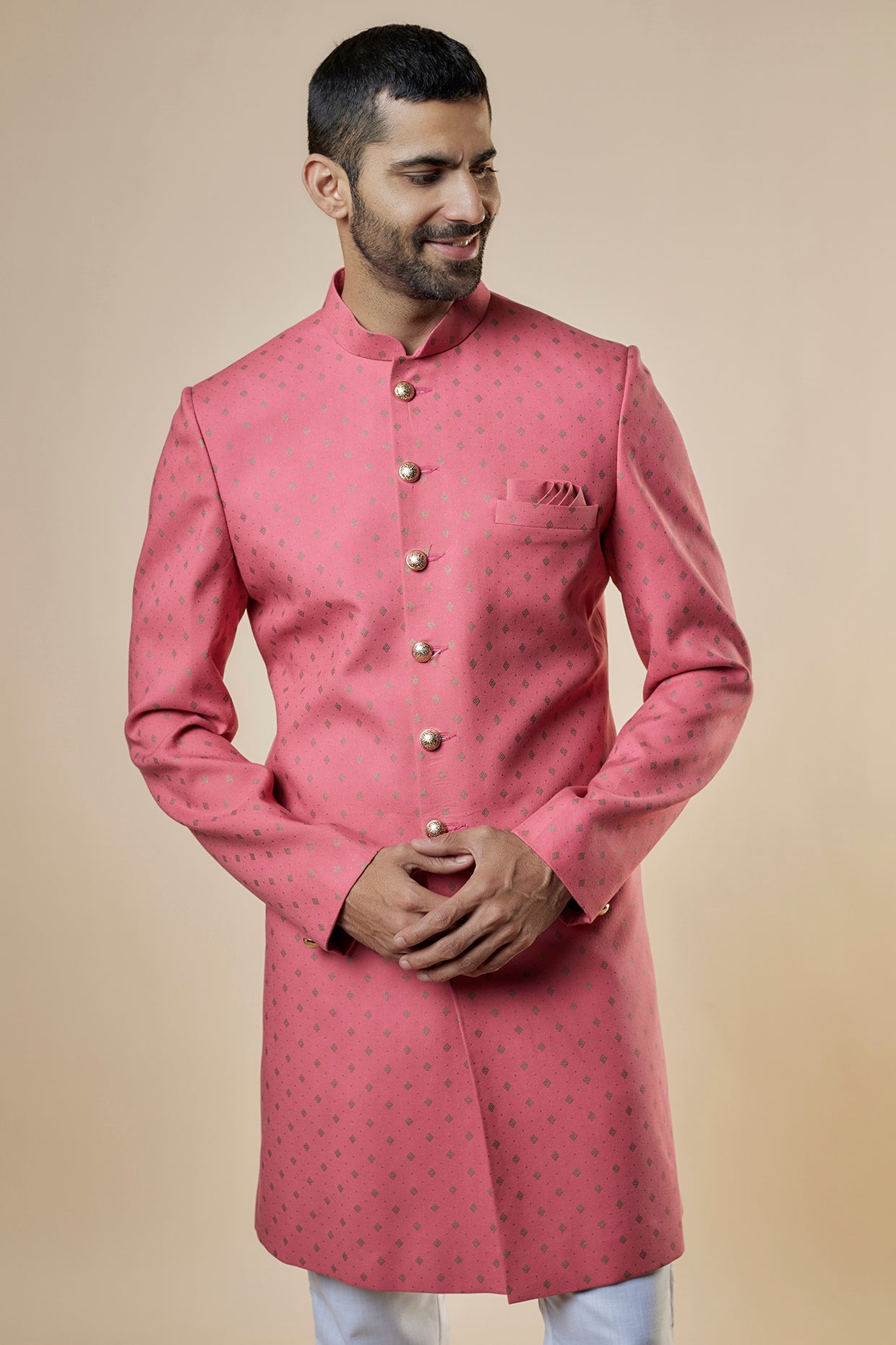 Pink Foil Print Sherwani Set