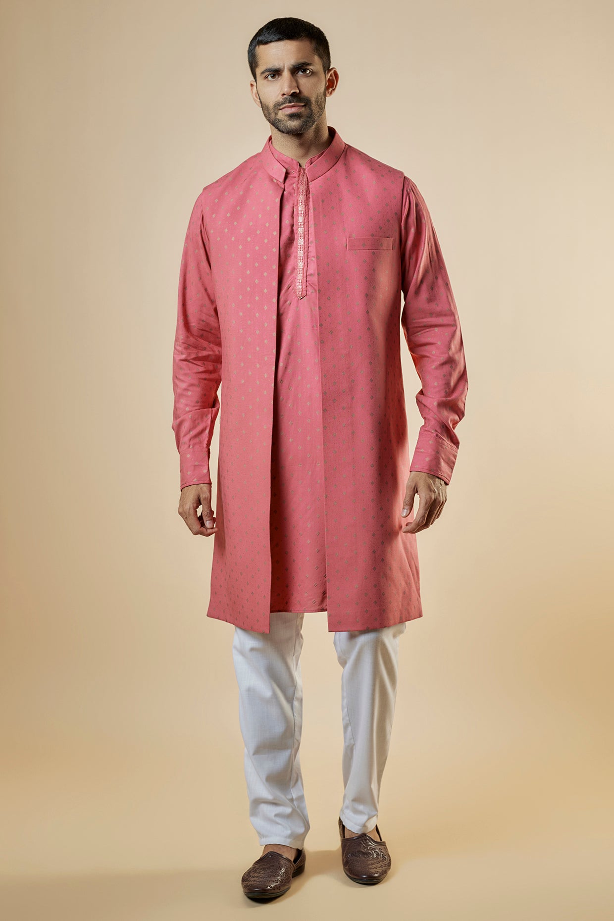 Pink Foil Print Open Jacket Kurta Set