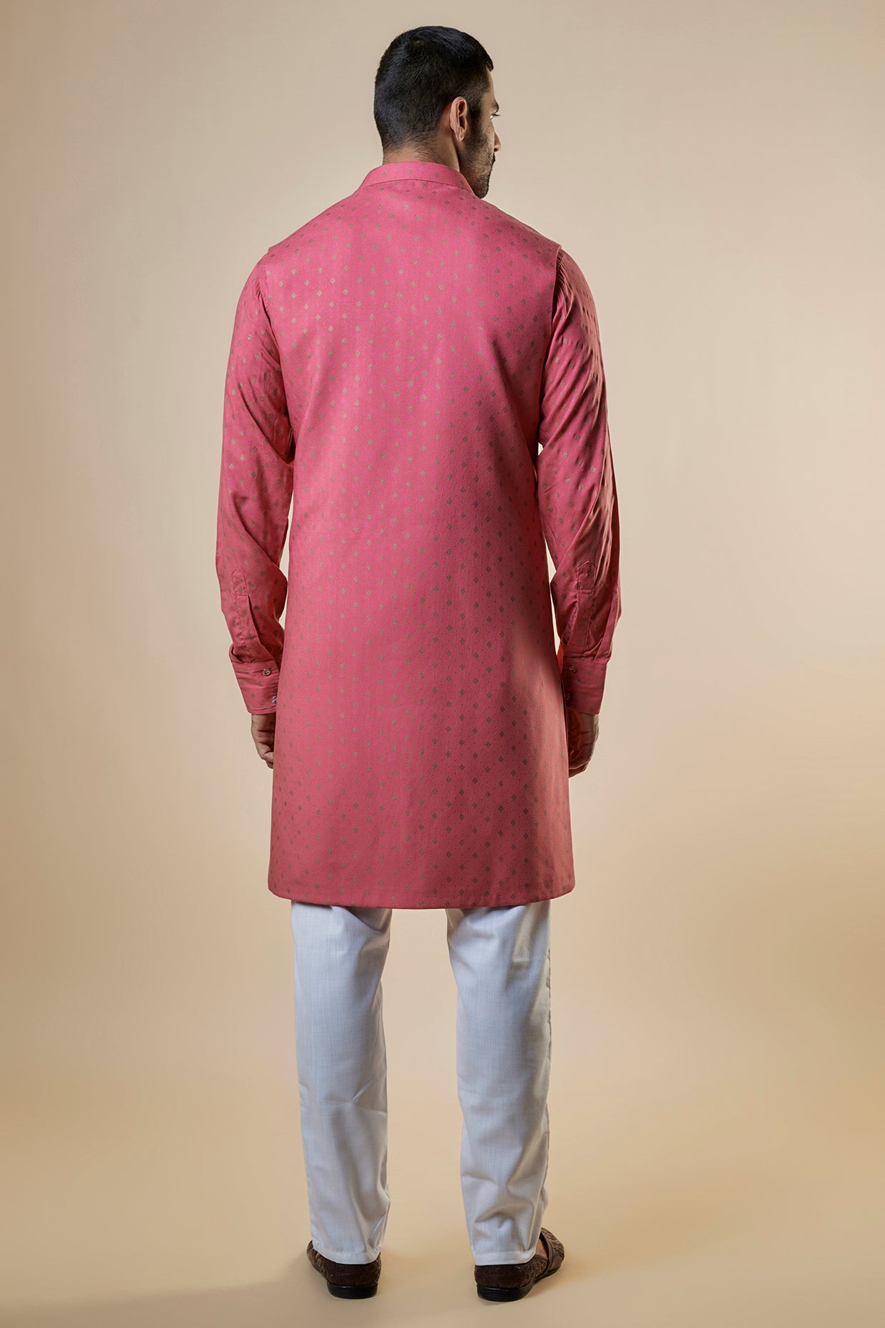 Pink Foil Print Open Jacket Kurta Set