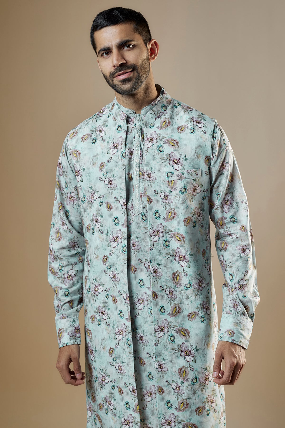 Blue Printed Open Jacket Kurta Set