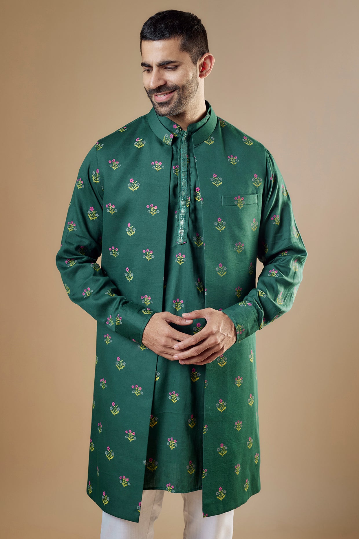 Green Printed Open Jacket Kurta Set