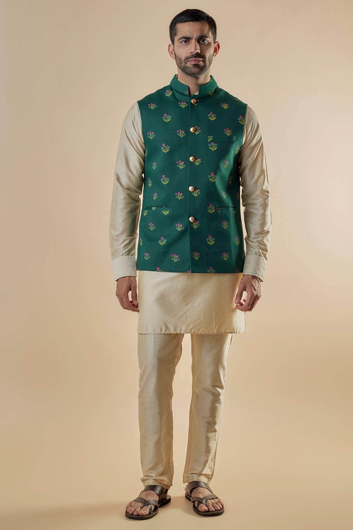 Emerald Green Printed Bundi Jacket