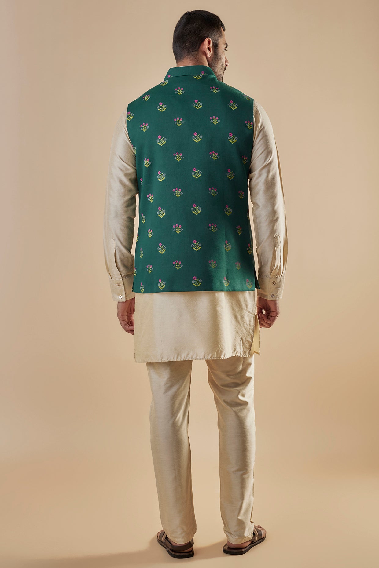 Green Printed Bundi Jacket Kurta Set