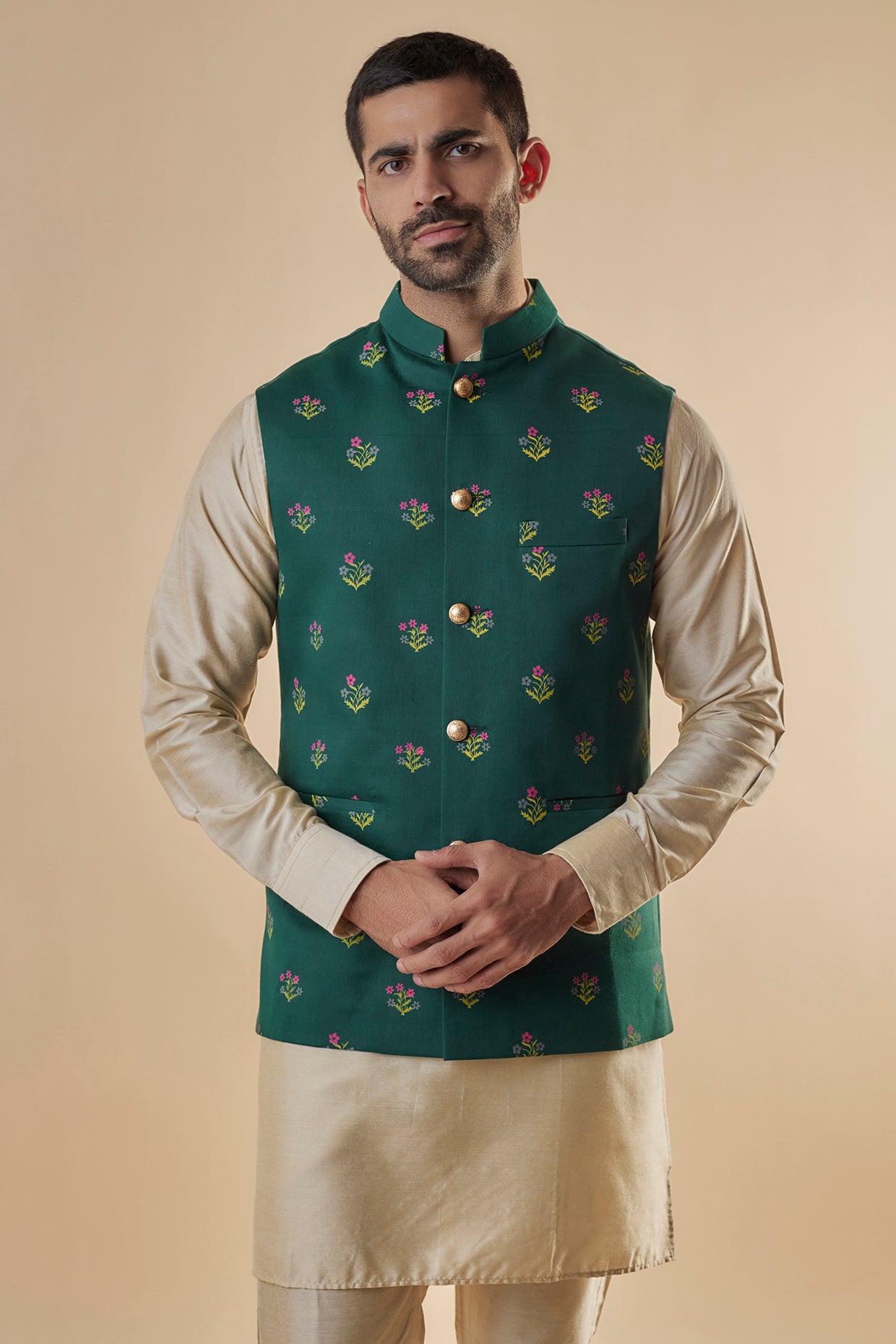 Green Printed Nehru Jacket Kurta Set