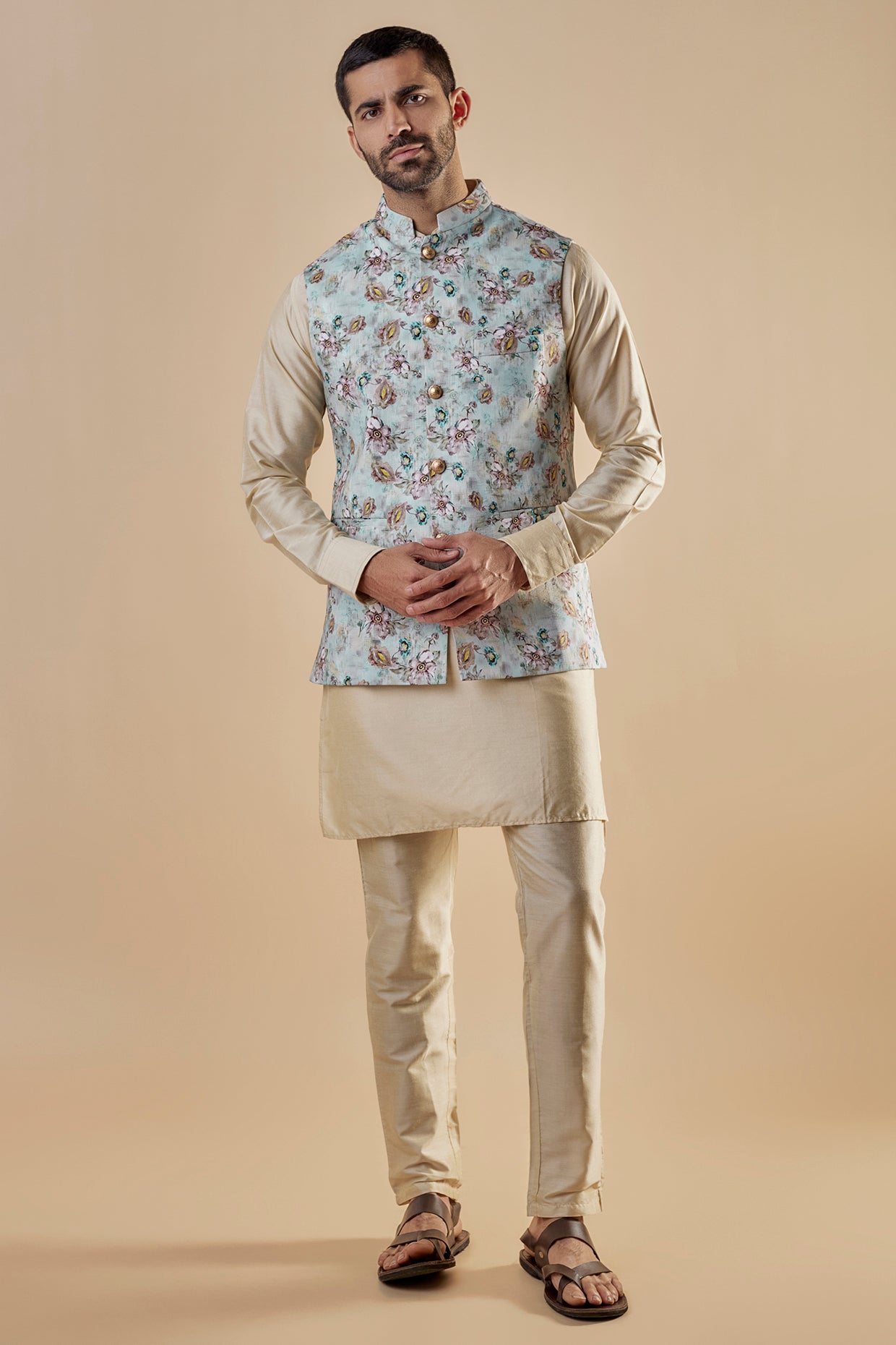 Blue Printed Jacket Kurta Set