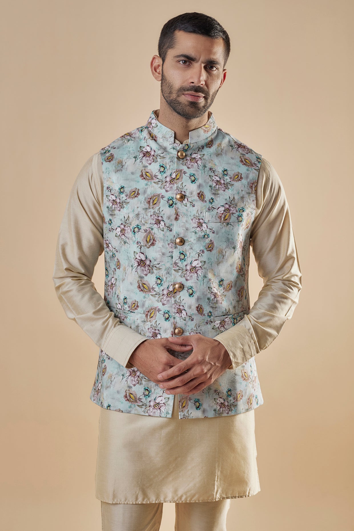 Blue Printed Jacket Kurta Set