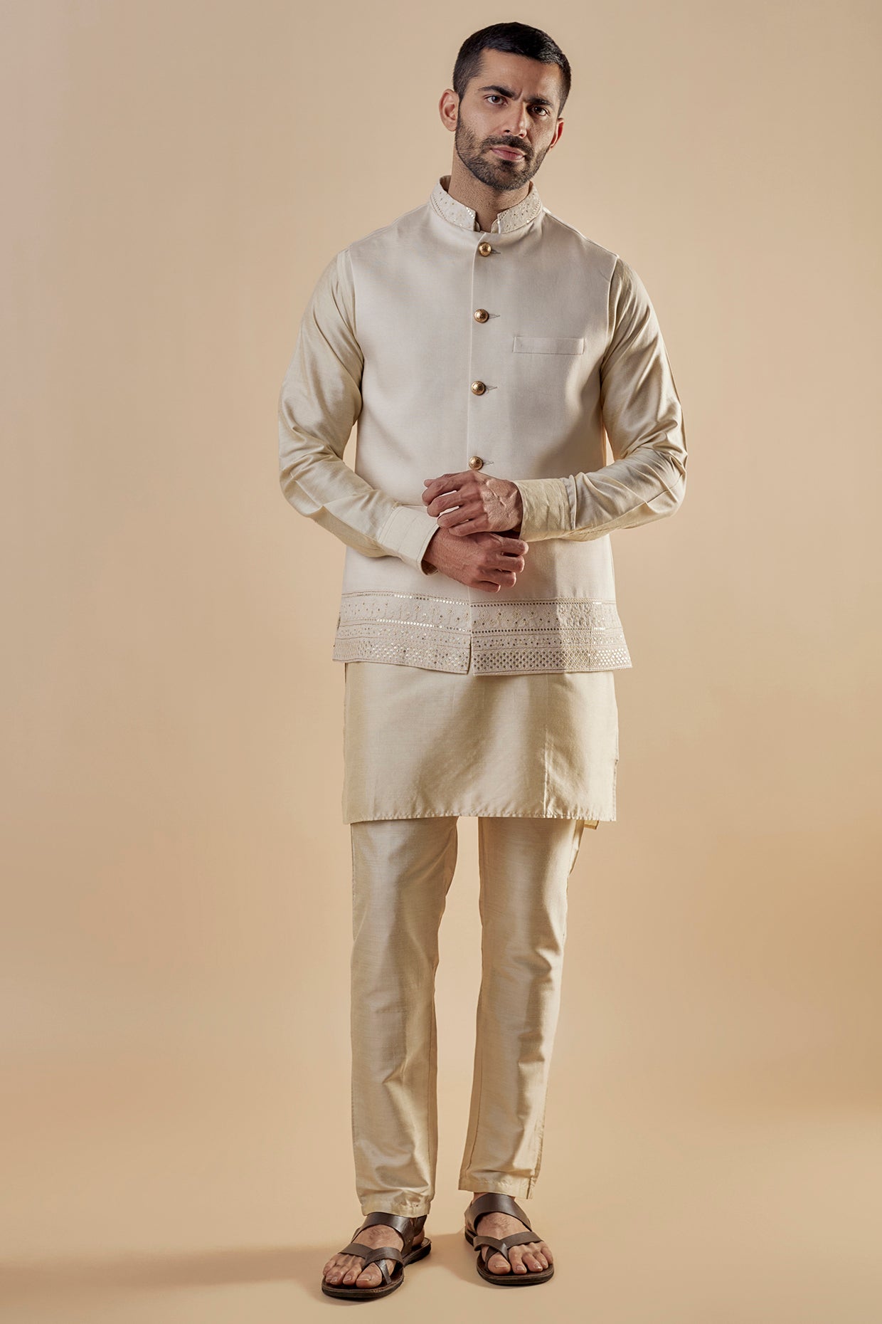 Cream Embroidered Jacket Kurta Set