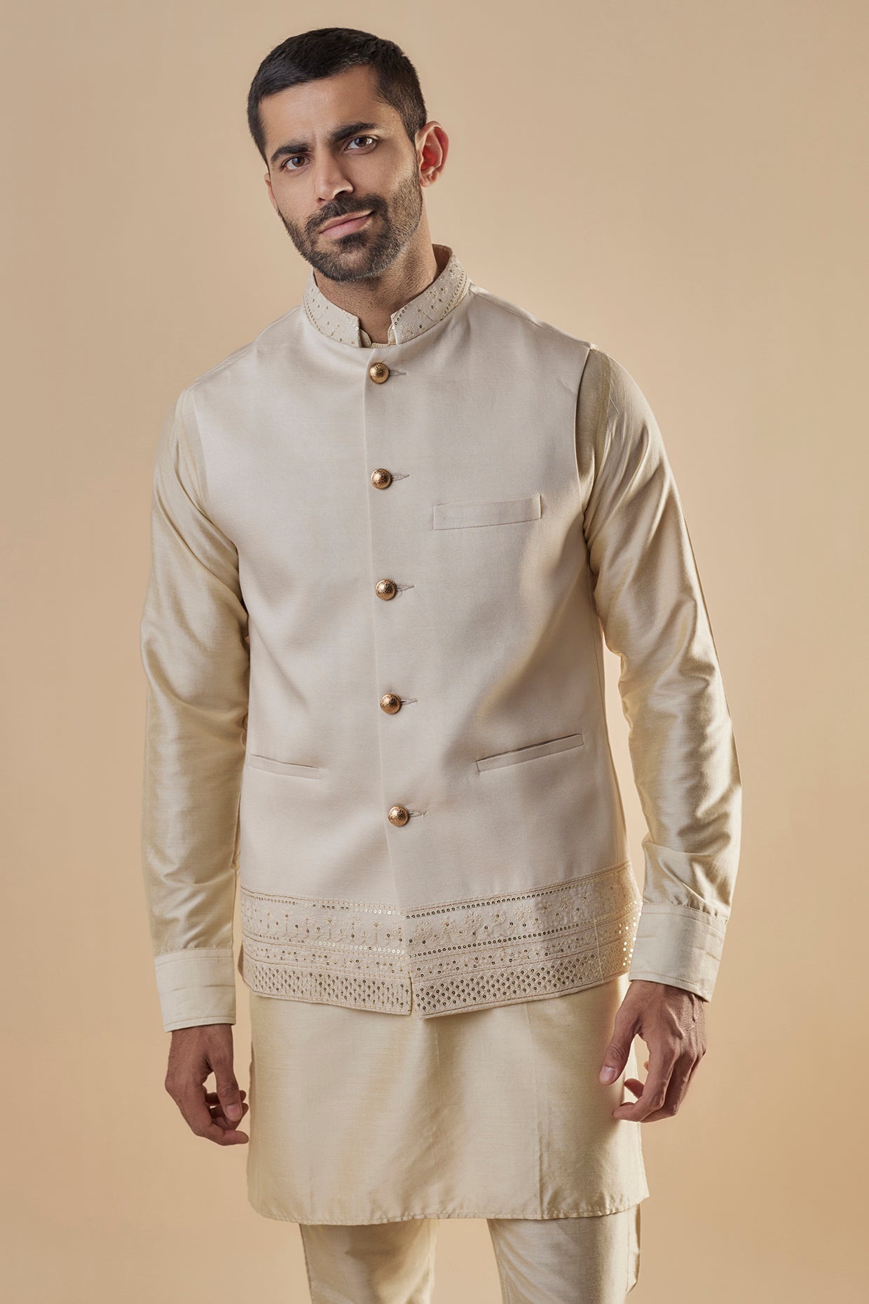 Cream Embroidered Bundi Jacket