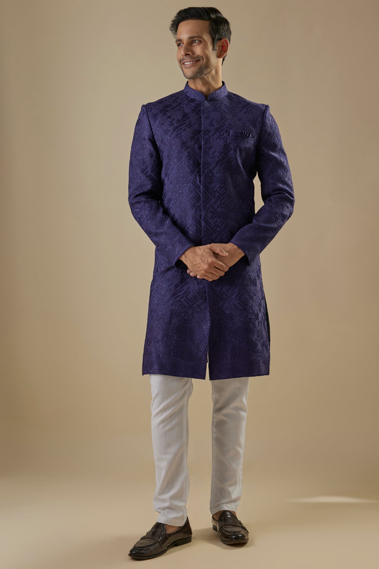 Navy Blue Embroidered Sherwani Set