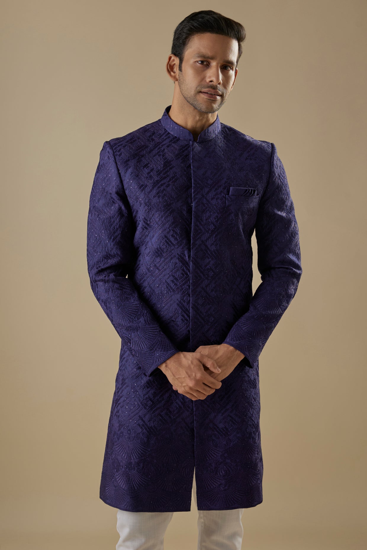 Navy Blue Embroidered Sherwani Set