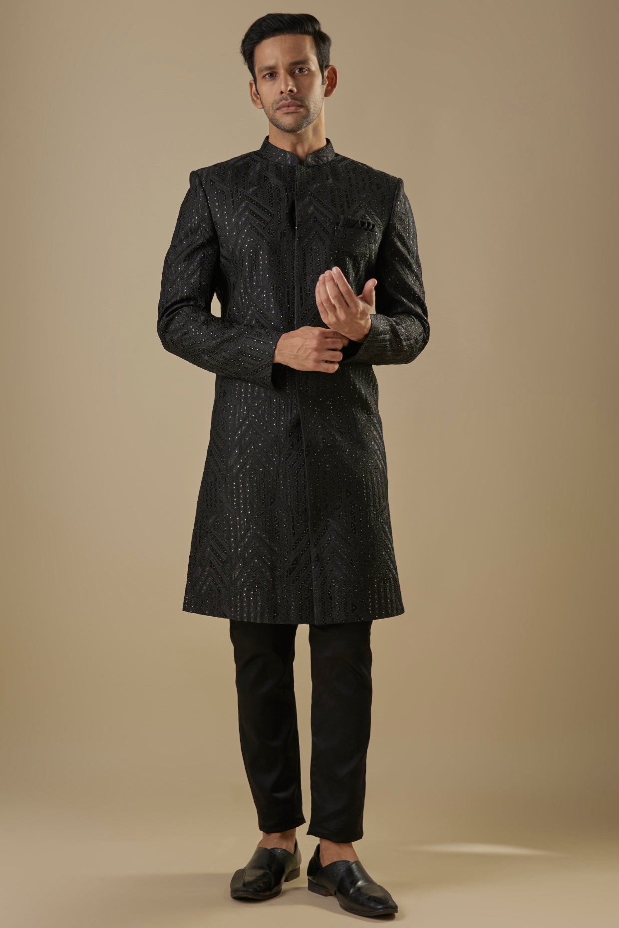 Black Geometric Embroidered Sherwani Set