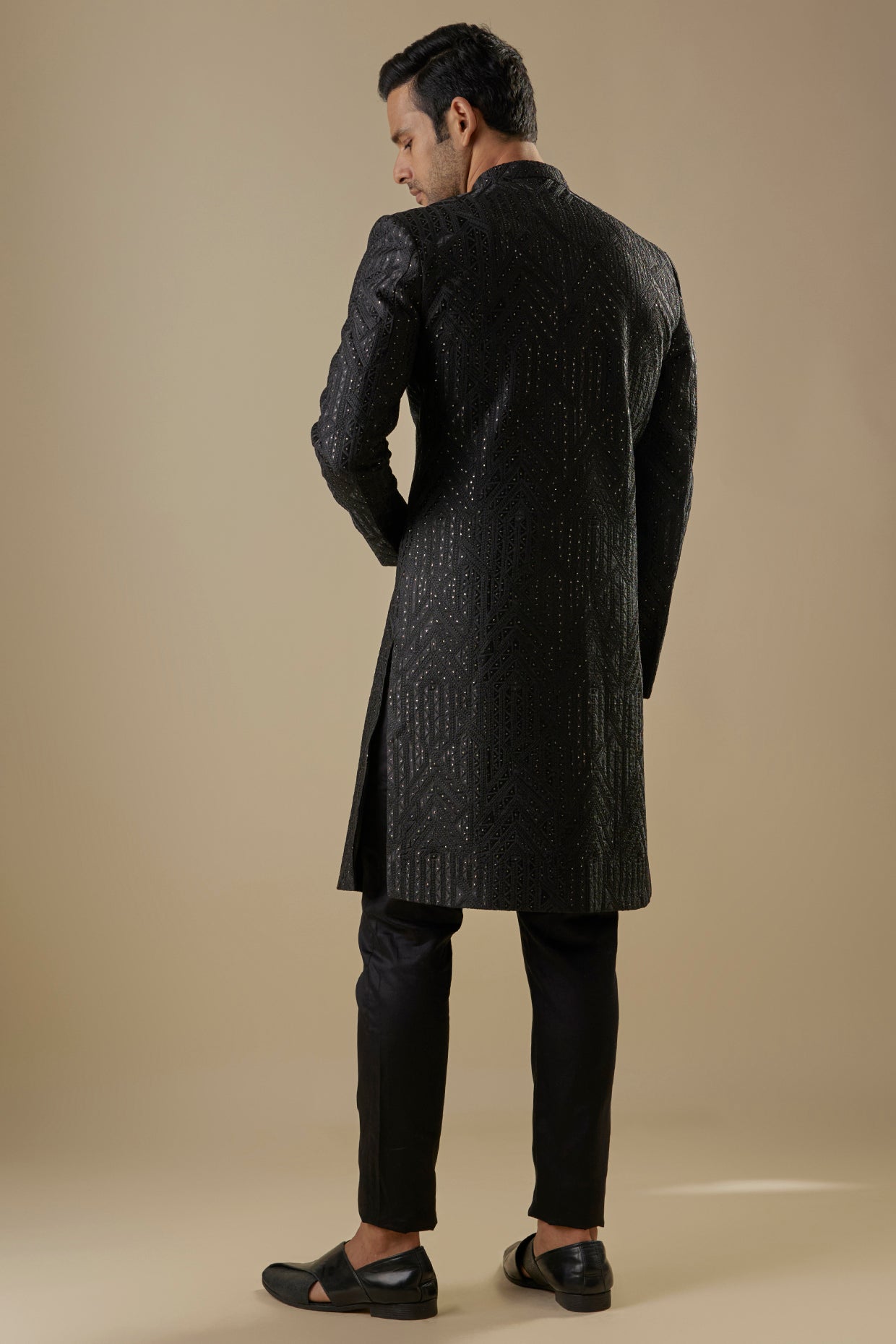 Black Geometric Embroidered Sherwani Set