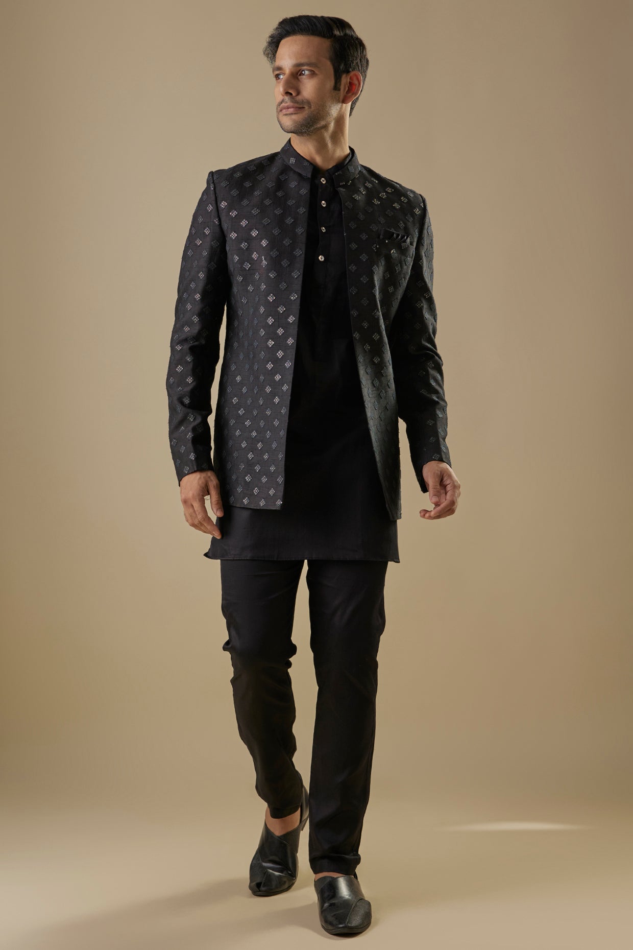 Black Open Jacket Indo Western Set