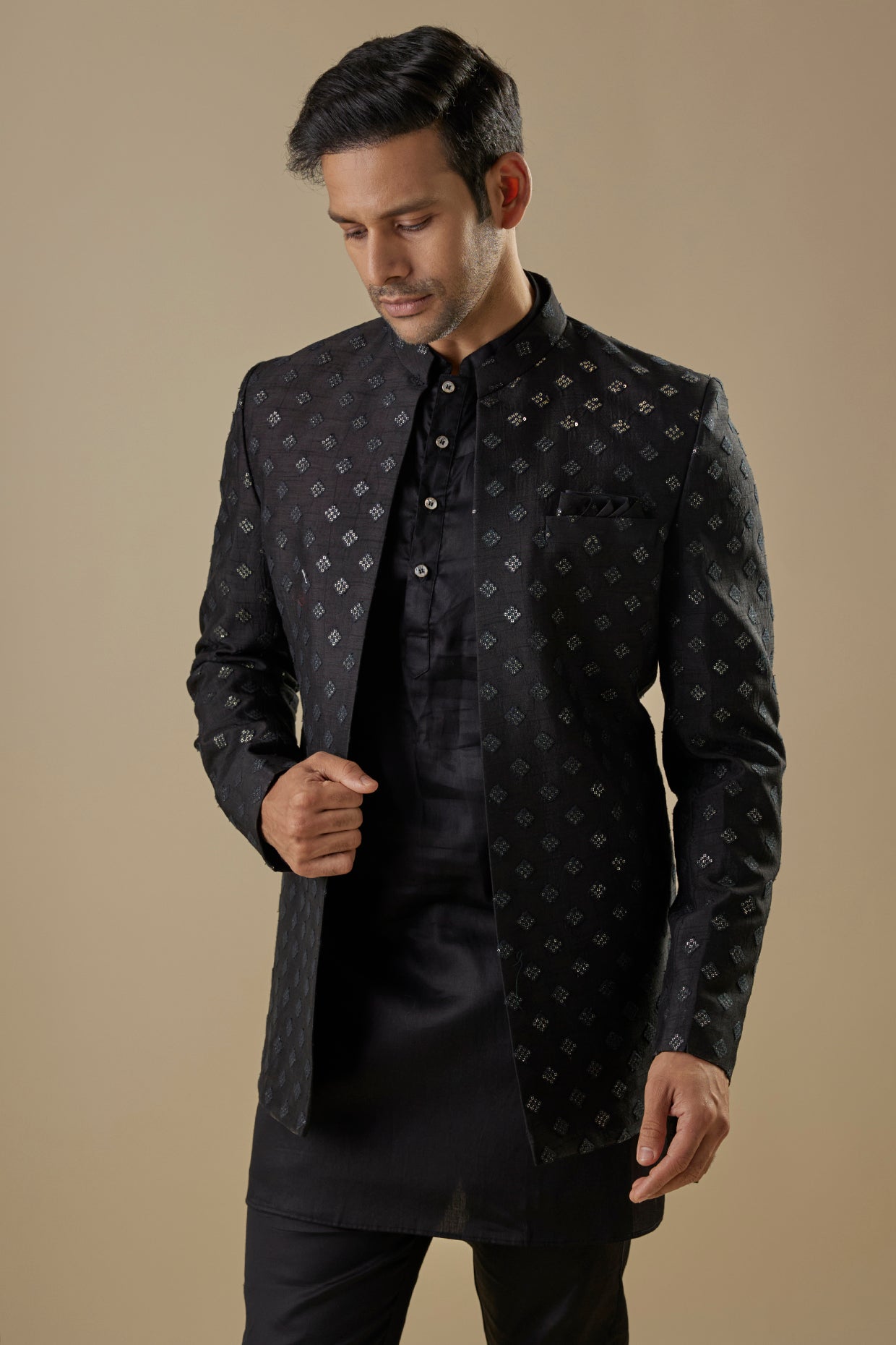 Black Open Jacket Indo Western Set