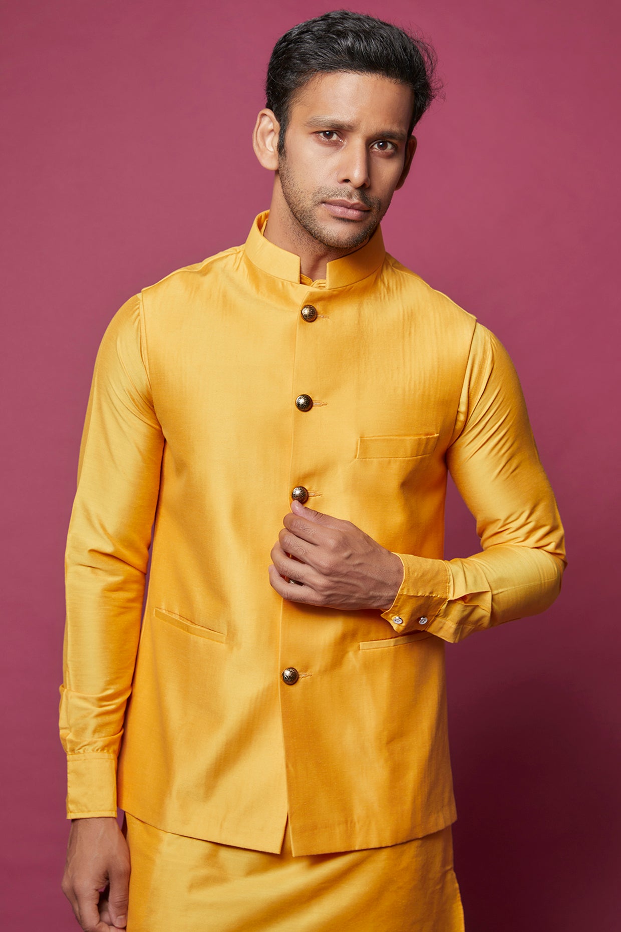 Mustard Cotton Silk Jacket with Kurta Set