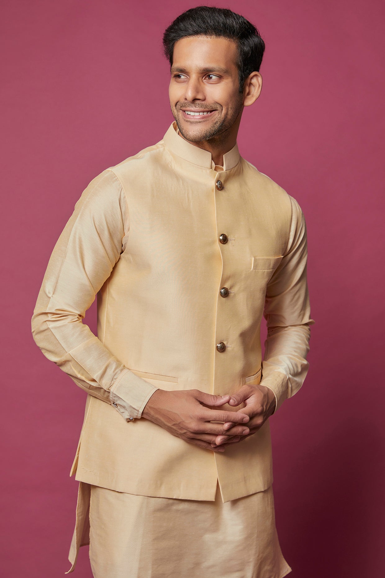 Beige Cotton Silk Jacket with Kurta Set