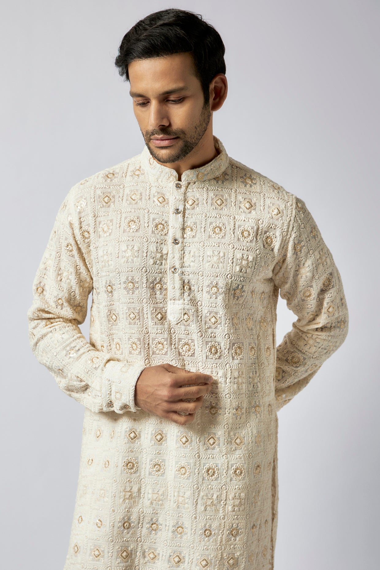 Cream Lucknowi Embroidered Kurta Set