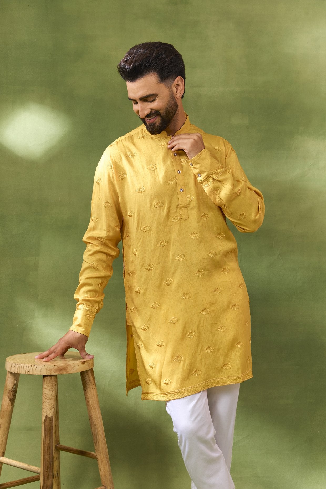 Mustard Border Embroidered Kurta Set