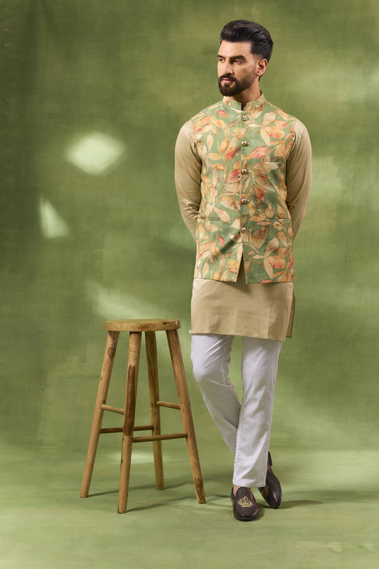 Green Botanical Print Jacket Kurta Set