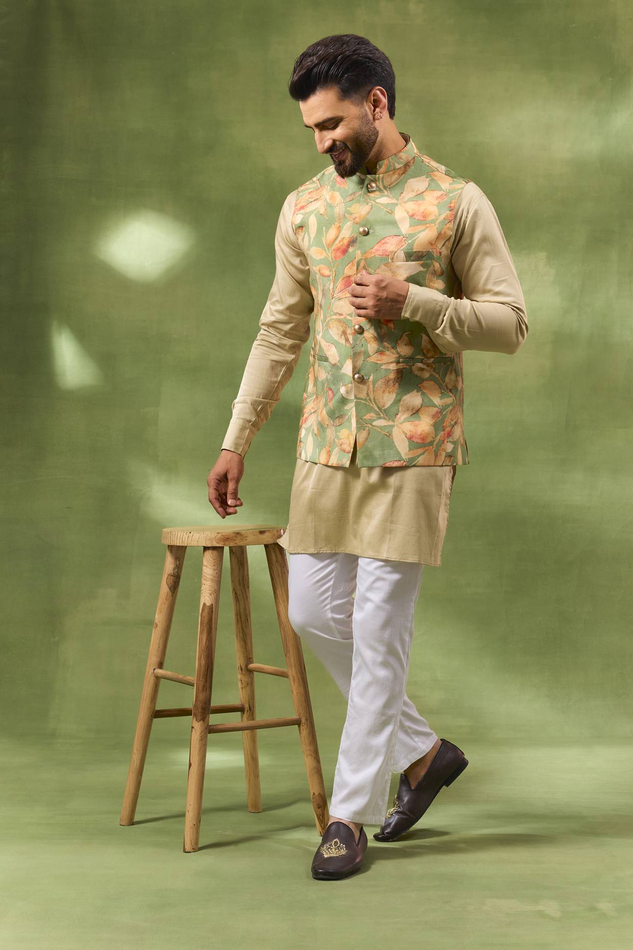 Green Botanical Print Jacket Kurta Set