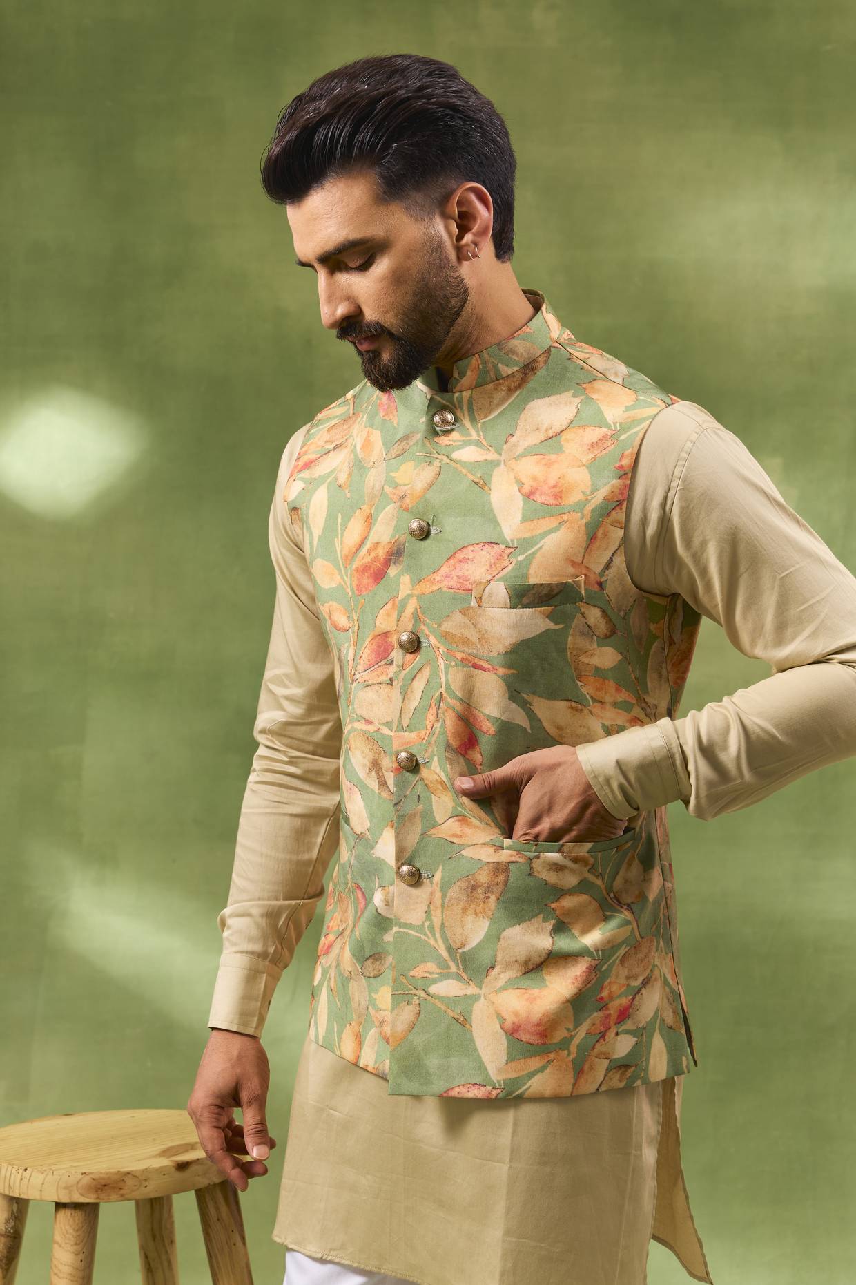 Green Botanical Print Jacket Kurta Set
