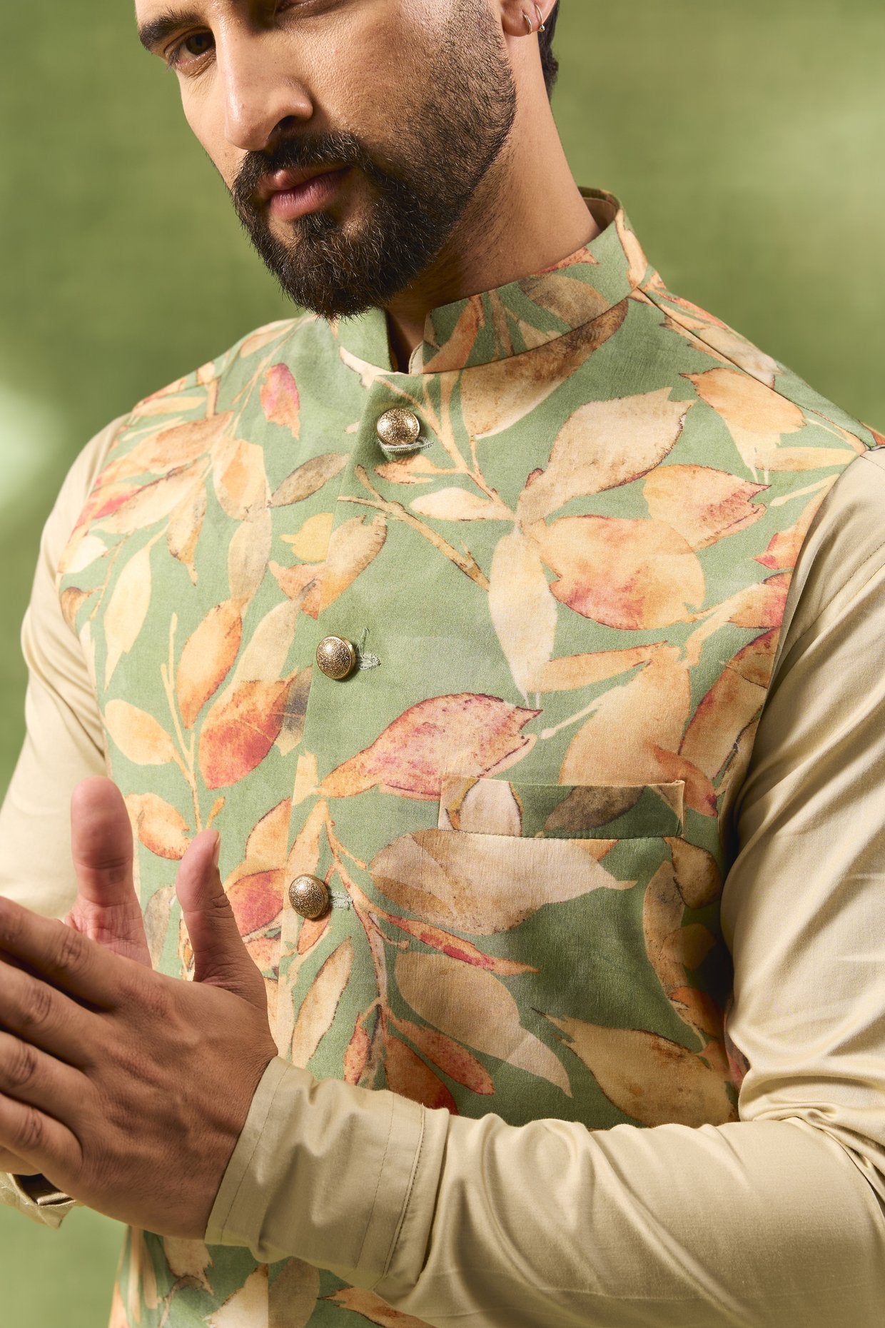 Green Botanical Print Jacket Kurta Set