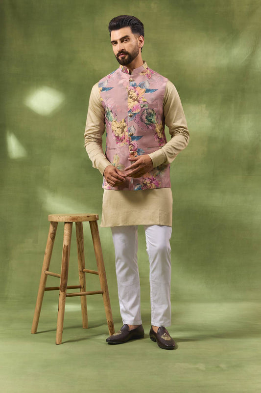 Pink Botanical Print Jacket Kurta Set