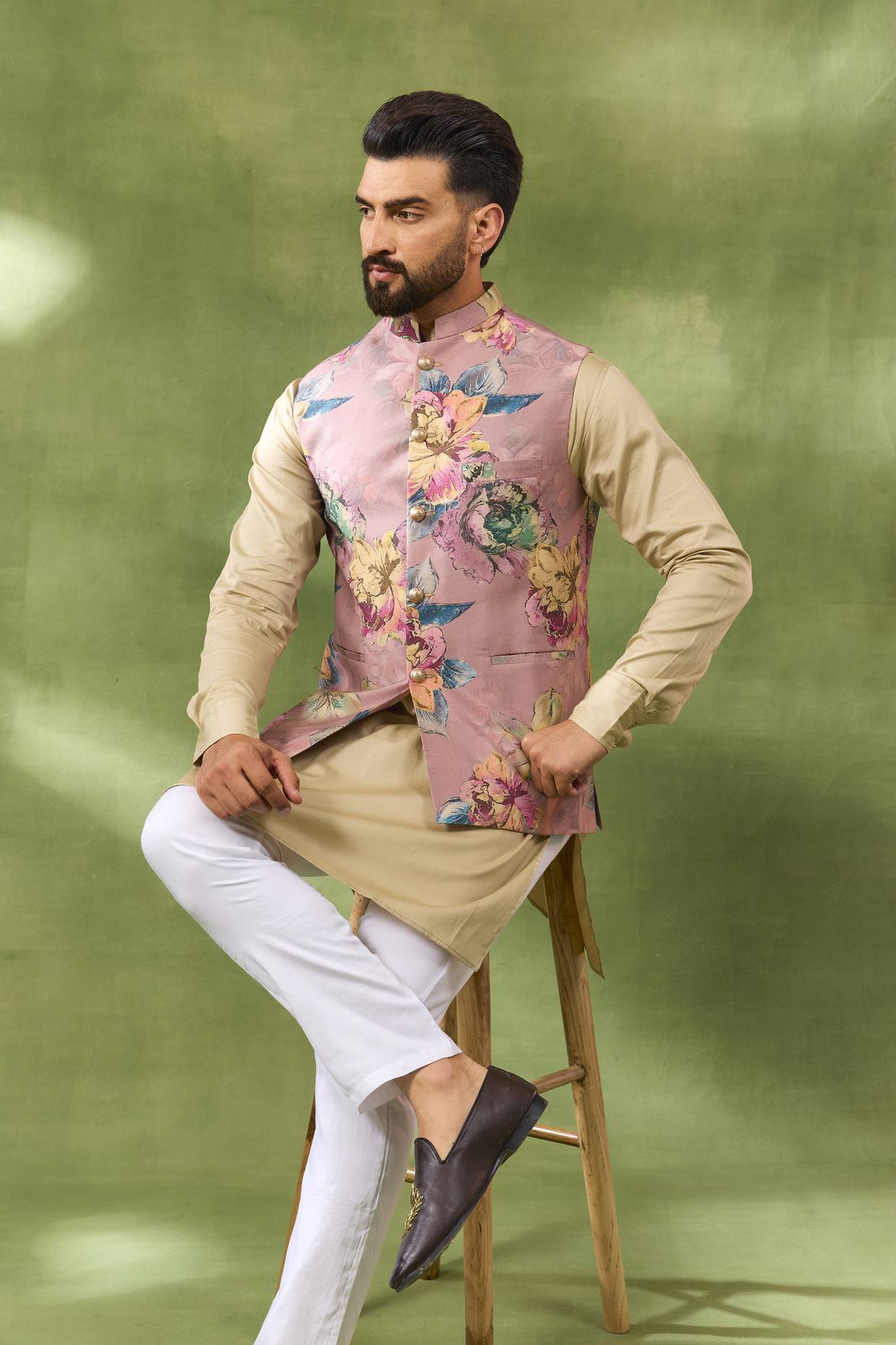 Pink Botanical Print Jacket Kurta Set