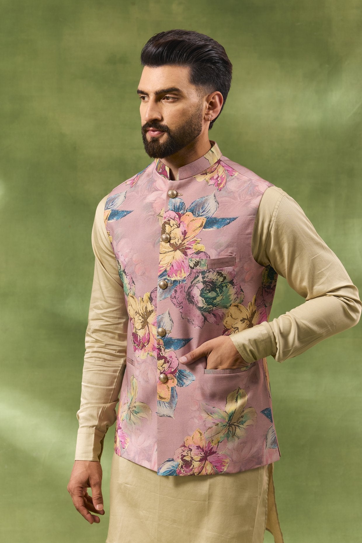 Pink Botanical Print Jacket Kurta Set
