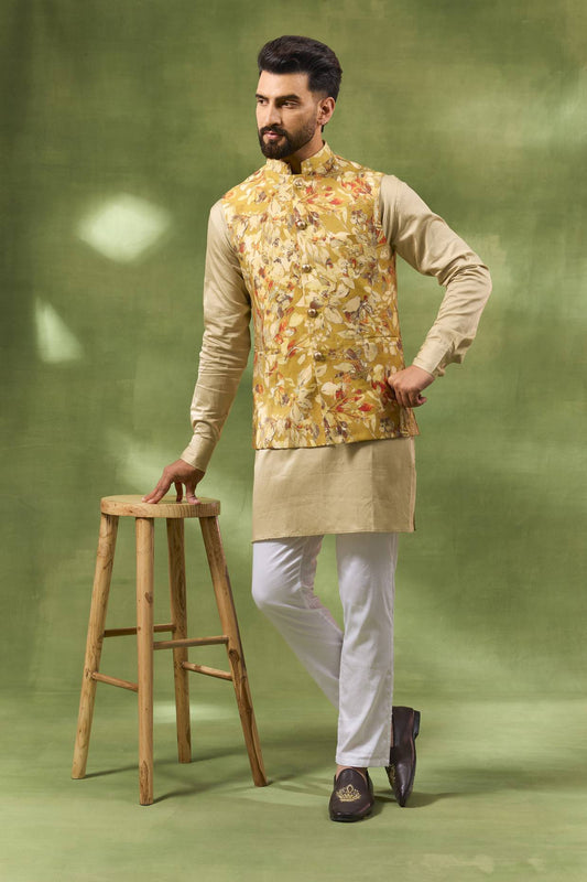 Yellow Botanical Print Jacket Kurta Set