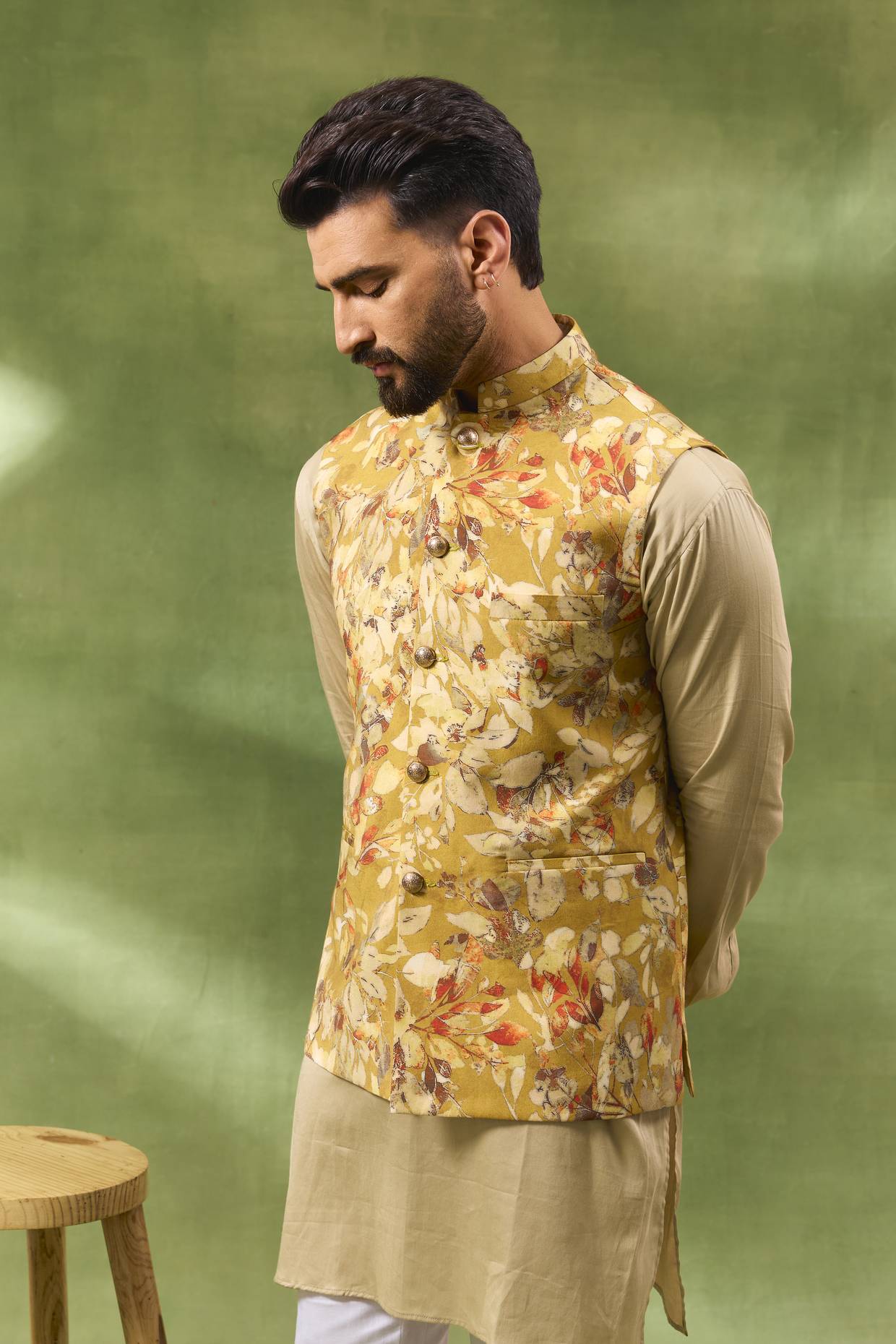 Yellow Botanical Print Jacket Kurta Set