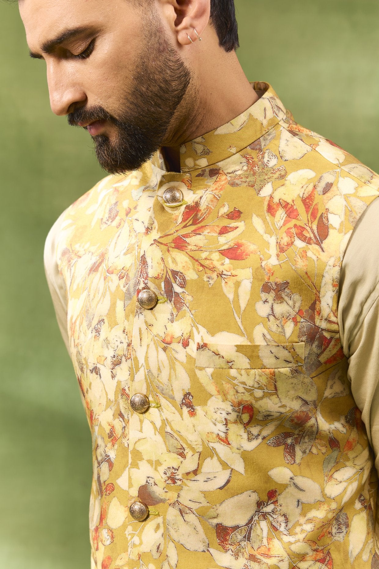 Yellow Botanical Print Jacket Kurta Set